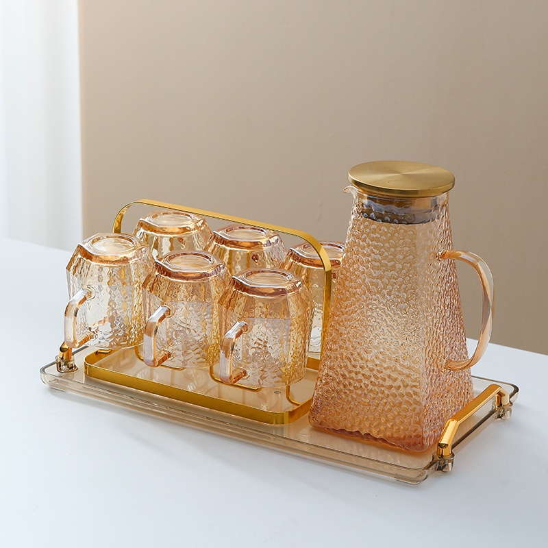 Bình nước thủy tinh, bộ bình nước loe sần 6 cốc kèm khay và giá úp - VS321