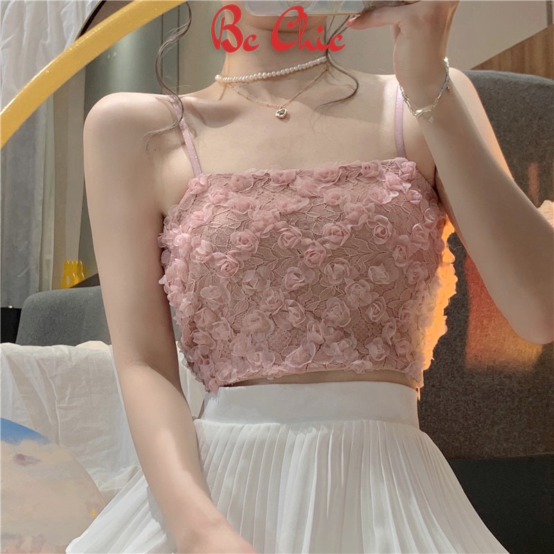 Áo bra ren 2 dây dáng croptop cao cấp,áo ngực kèm mút nâng,áo quây ngực 2 dây ren hoa hồng B586 BC_CHIC LINGERIE