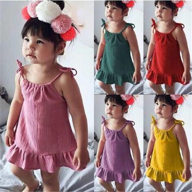 Đầm hai dây MIKRDOO bằng vải lanh cotton màu trơn dễ thương thời trang mùa hè cho bé gái 1-5 tuổi