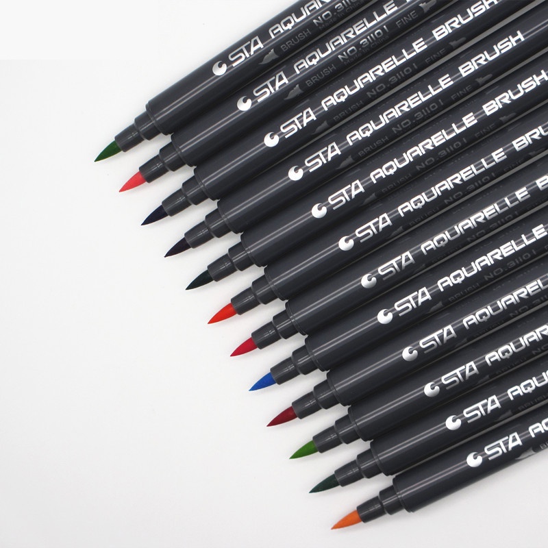 Bút brush 2 đầu gồm 1 đầu lông mềm + 1 đầu fine B01 nhiều màu trang trí Bujo