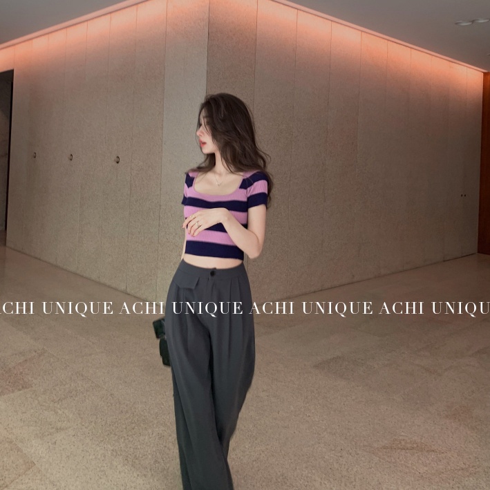 SUXI Áo Thun Dệt Kim Ngắn Tay Cổ Vuông Họa Tiết Kẻ Sọc Thời Trang Mùa Hè Ngọt Ngào Cho Nữ