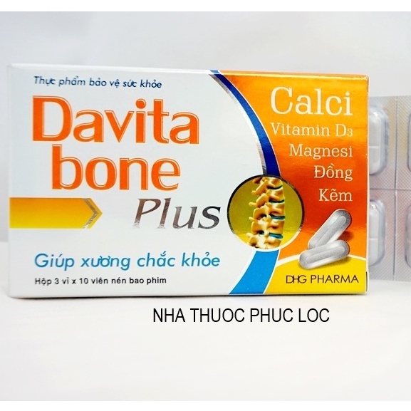 Davita bone, bổ sung Calcium và vitamin D3, phòng ngừa loãng xương, còi xương -hộp 30 viên, tuýp 10 viên ( sủi canxi)