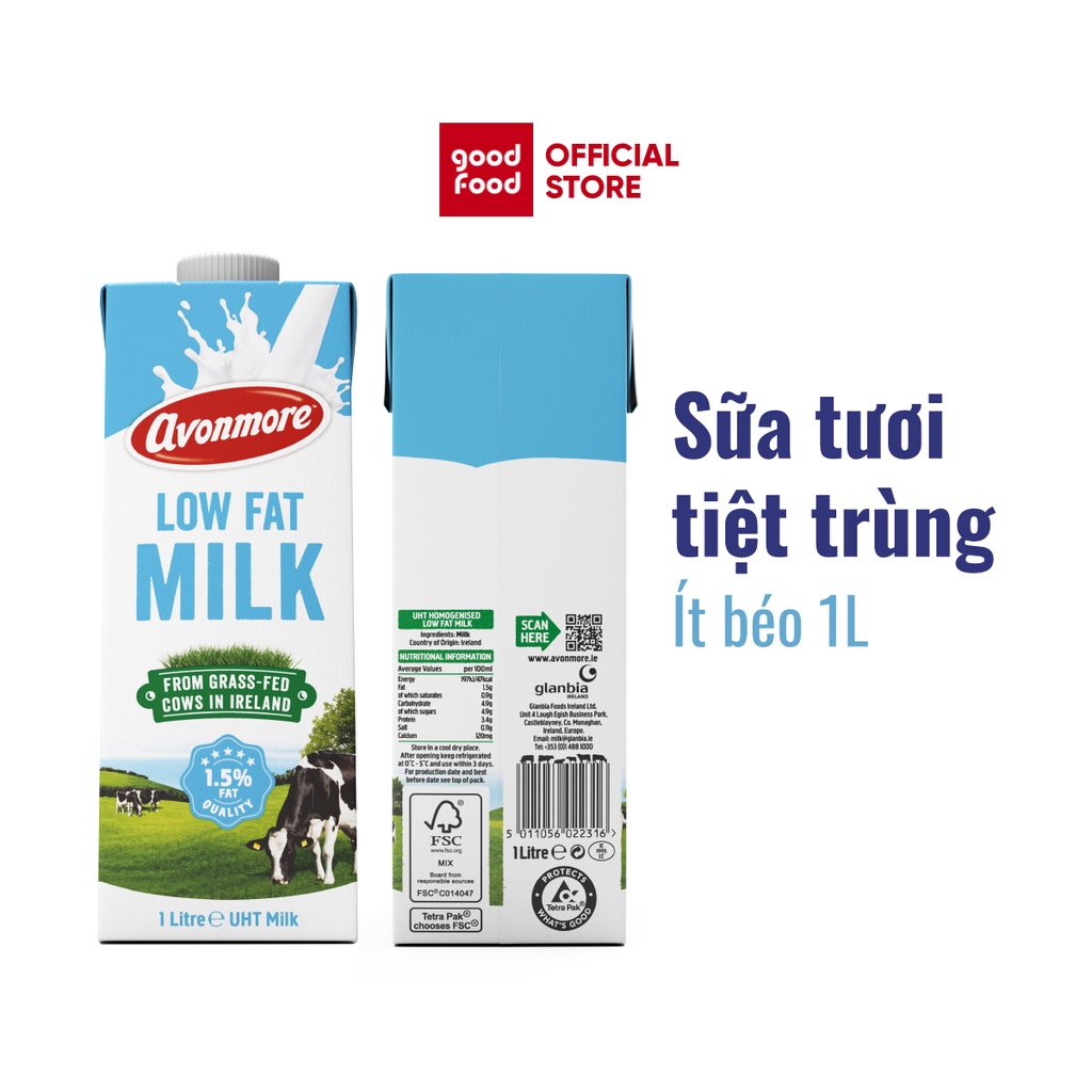 [Mã BMBAU50 giảm 7% đơn 99K] Combo 2 hộp Sữa tươi ít béo tiệt trùng (không đường) Avonmore UHT Low Fat Milk 1L/HỘP
