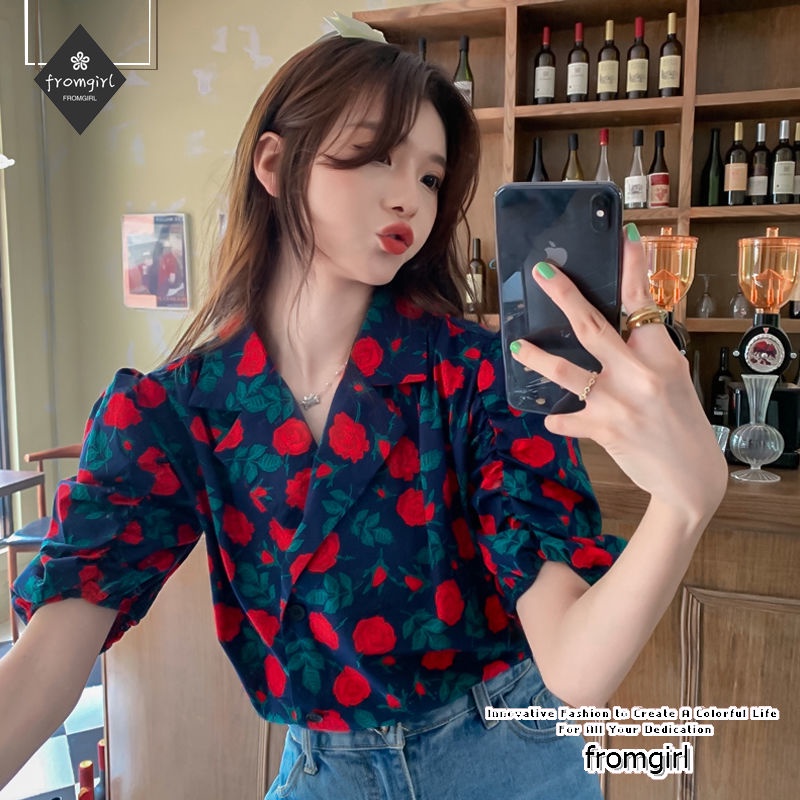 Áo Sơ Mi Tay Ngắn Phồng Họa Tiết Hoa Thời Trang Mùa Hè Cho Nữ