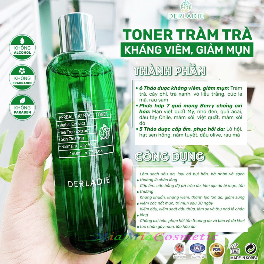 Toner Nước Hoa Hồng Tràm Trà DERLADIE Giảm Mụn Kiềm Dầu Derladie Herbal Extract Tee Tree Toner [NHẬP KHẨU CHÍNH HÃNG]