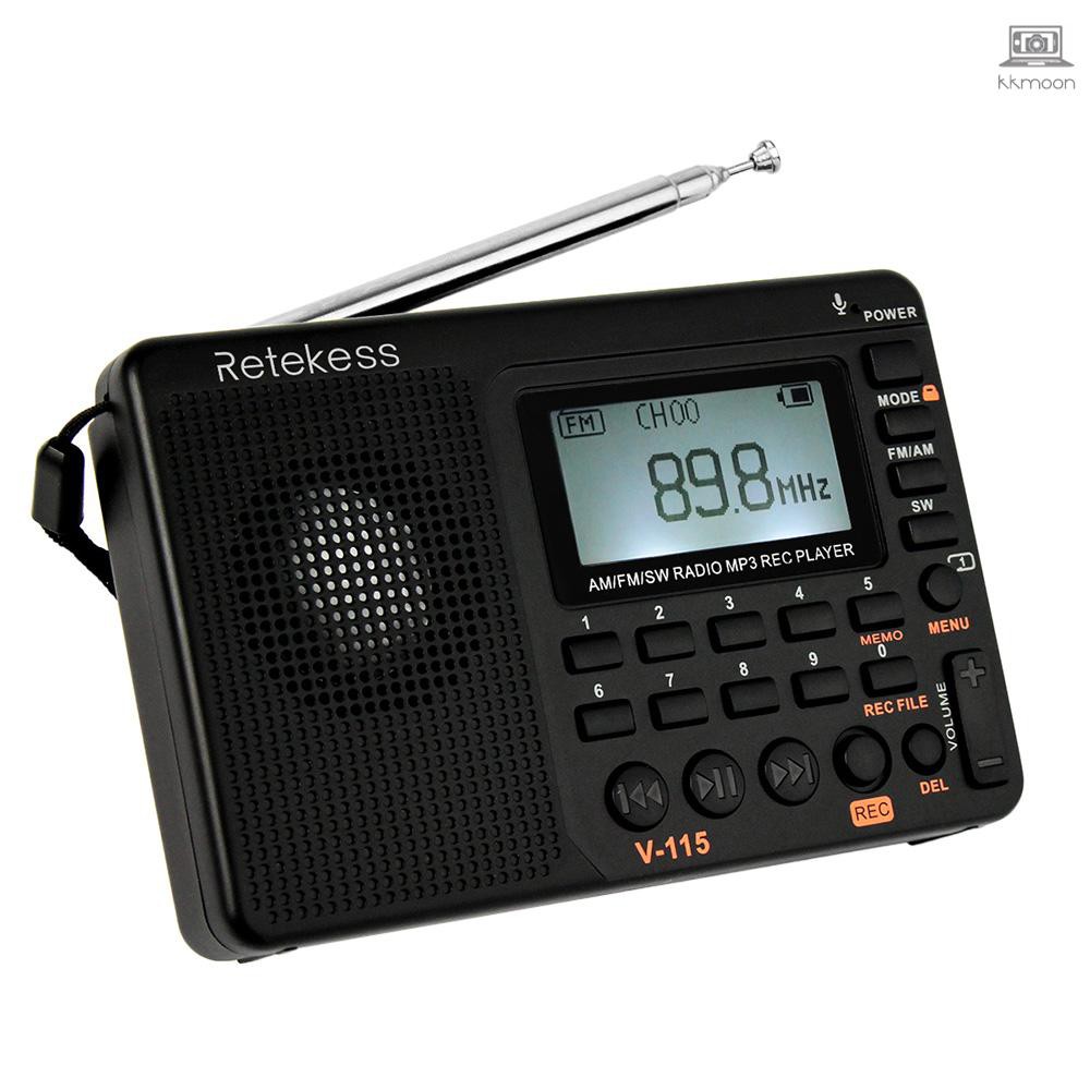 Retekess V-115 FM/AM/SW Radio Multiband Radio Receiver REC Recorder Bass Sound MP3 Player Speakers with Sleep Timer Black