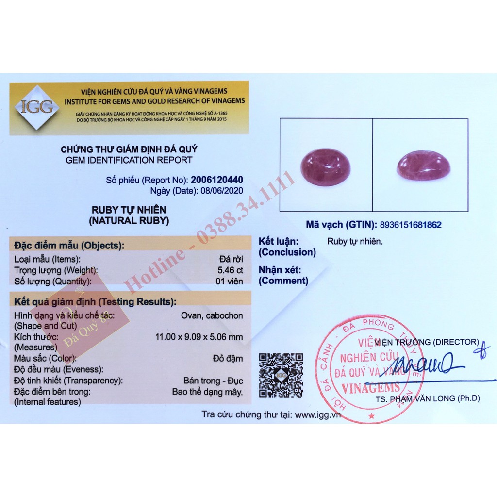 Mặt Đá Ruby Tự Nhiên Yên Bái Size 5,46ct, Mặt nhẫn, Mặt Dây Chuyền