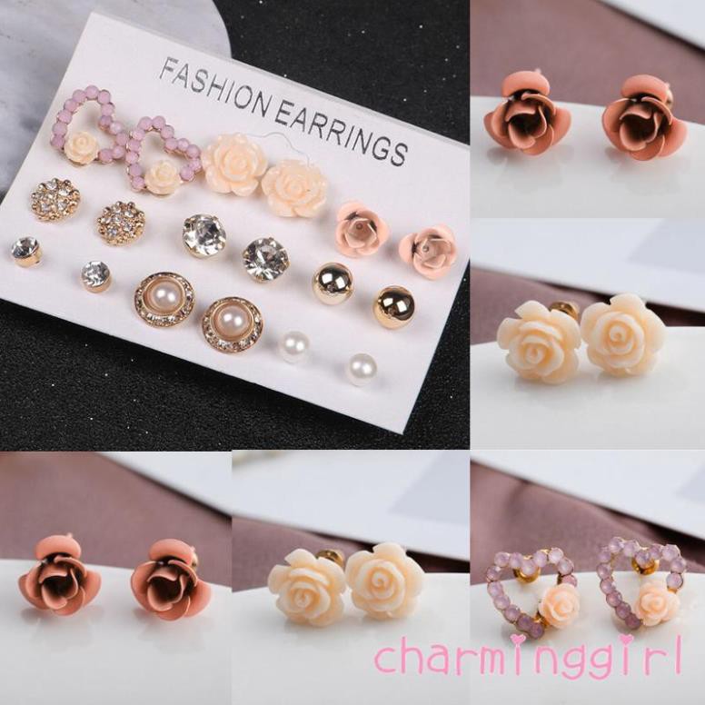 Set 9 đôi bông tai hình bông hoa đính pha trang nhã