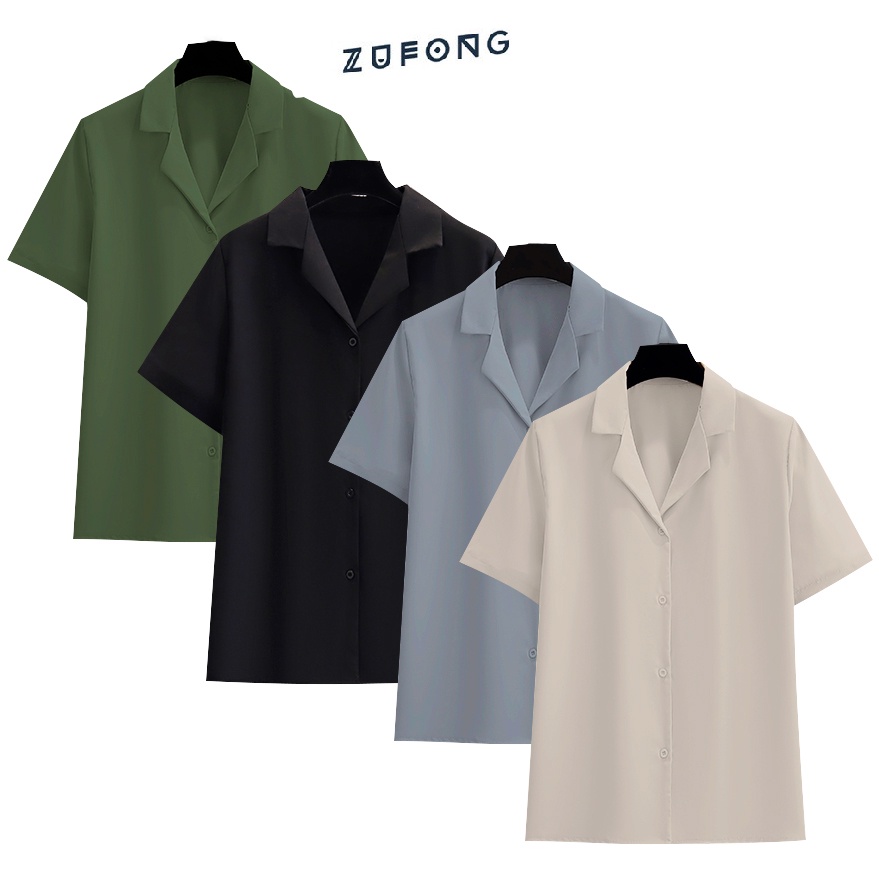 Áo sơ mi ngắn tay cổ Vest unisex ZuFong. 4 màu Kem, Xám, Đen, Xanh Rêu form rộng nam nữ đều mặc được