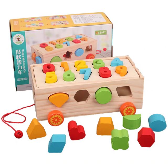Xe Kéo Thả Số Và Hình Khối, Đồ chơi Gỗ Thông Minh Cho Bé montessori