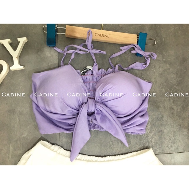 VIP 2021 Set đồ bộ áo bra có đệm màu tím và quần lụa thô trắng cạp chun ống rộng cực đẹp - Cadine thời trang nữ