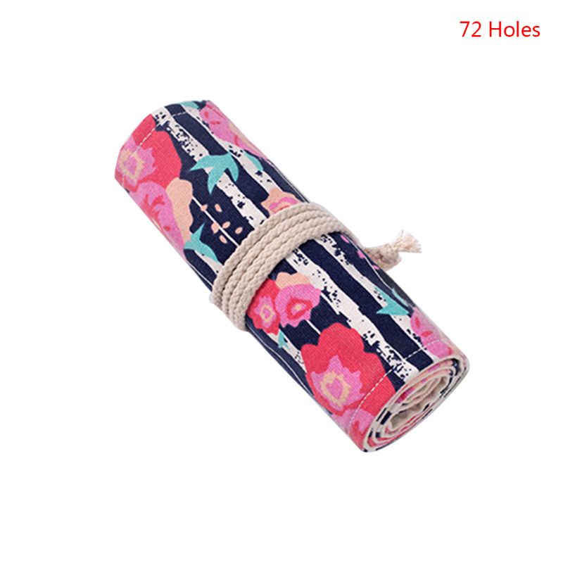 CONG 12/24/36/48/72 Holes Canvas Rose Roll Up Pen Curtain Pencil Bag Case Makeup Wrap