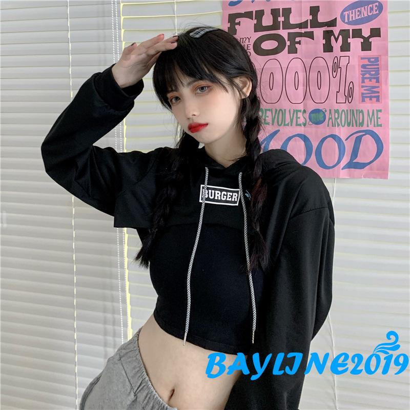 Hoodie croptop tay dài thêu chữ trẻ trung cho nữ