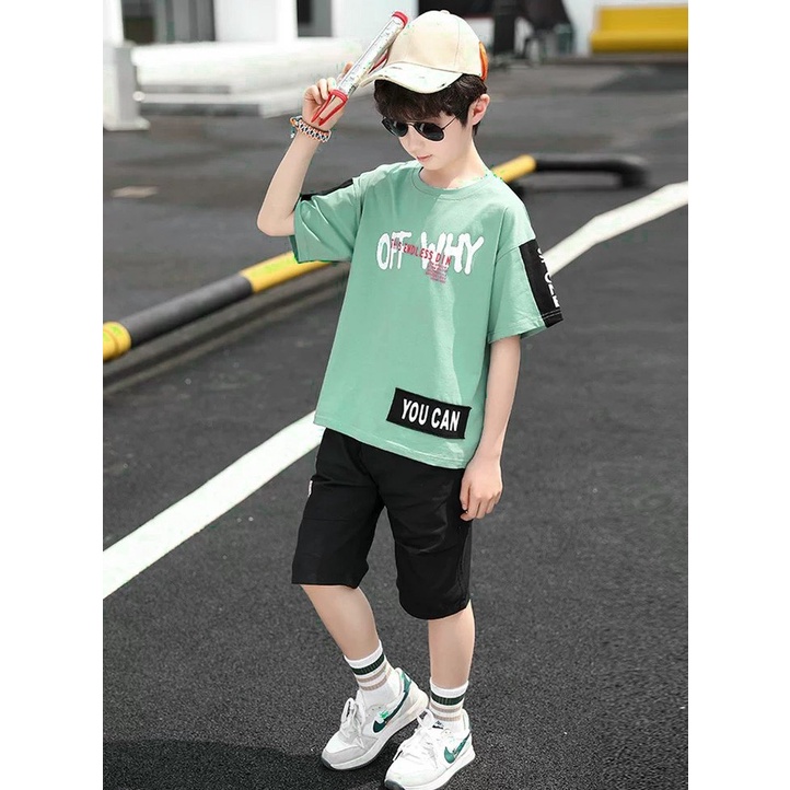 Bộ quần áo thun hè &quot;OFF WHY&quot; 14-45kg cho bé trai 4-14 tuổi. Thoáng mát, thấm hút mồ hôi. B2