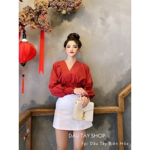 Áo Voan Kiểu Cổ Tim tay Dài Bo Eo Tay