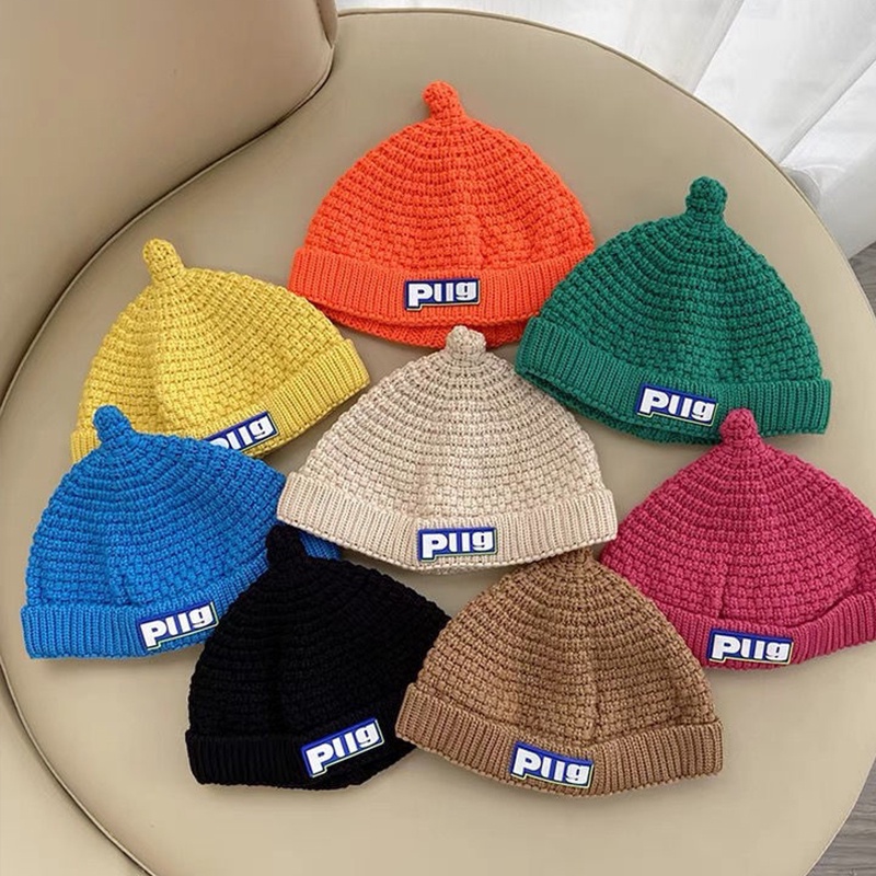 Mũ Beanie Dệt Kim Mềm Mại Màu Trơn In Chữ Giữ Ấm Mùa Đông Cho Bé