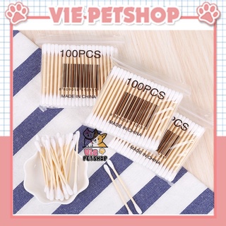 Bịch 100 tăm bông gỗ vệ sinh tai cho thú cưng | vie petshop