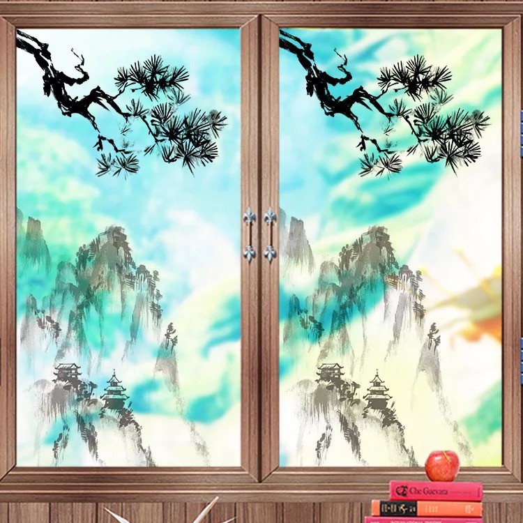 Decal trang trí kính cao cấp mẫu phong cảnh Sơn Núi và cành cây (60cm x 116cm)
