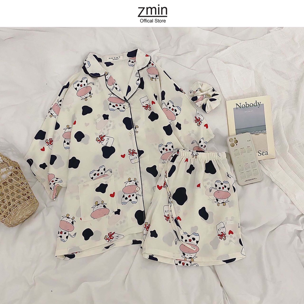 Sét pijama  đồ ngủ mặc ở nhà nữ hình bò sữa Zmin, chất liệu vải lụa cao cấp - A007 | BigBuy360 - bigbuy360.vn