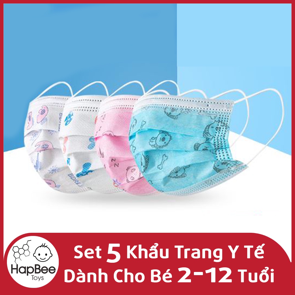 Set 5 Chiếc khẩu trang y tế 3 lớp cho bé 2-12 tuổi, có nhiều hình đáng yêu, khiến bé thích thú đeo khẩu trang  HapBee