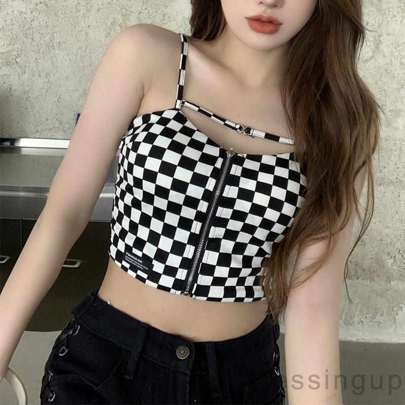 Áo Hai Dây Họa Tiết Kẻ Ô Vuông Thời Trang Cho Nữ