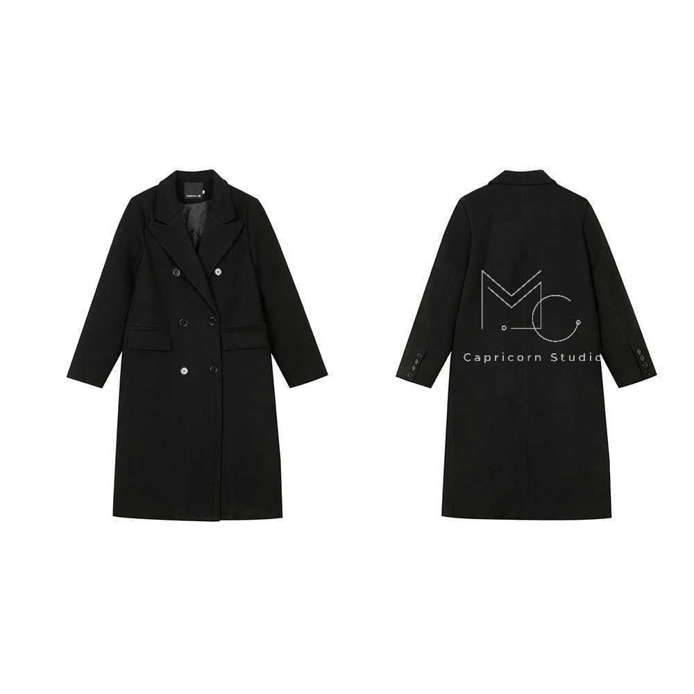 Áo khoác dạ đen dáng dài cao cấp hai hàng cúc dễ dàng phối đồ