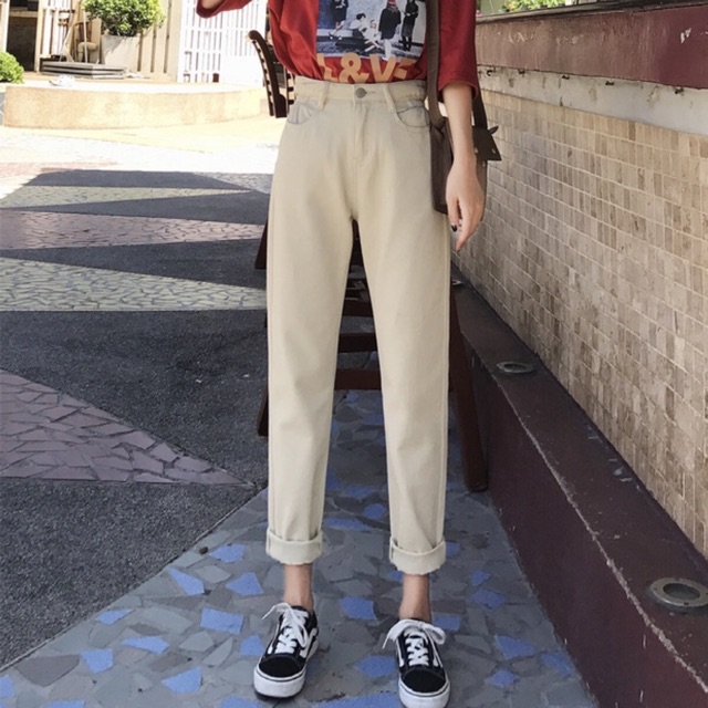 Quần baggy jean nhún eo. 2 màu đen - kem