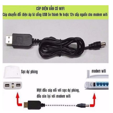 Cáp chuyển nguồn 5V Ra 9V/ 12V Cho Modem, Router, Phát Wifi