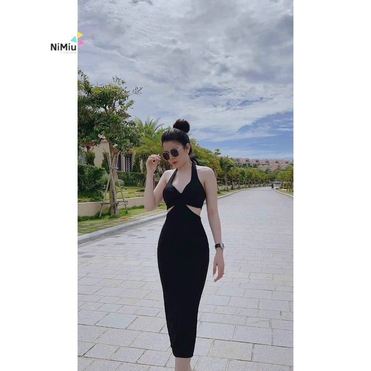 Đầm thời trang nữ mặc đi chơi chất thun xốp kim cương dây cổ khoét eo dáng ôm body dài có 2 màu đen và nâu