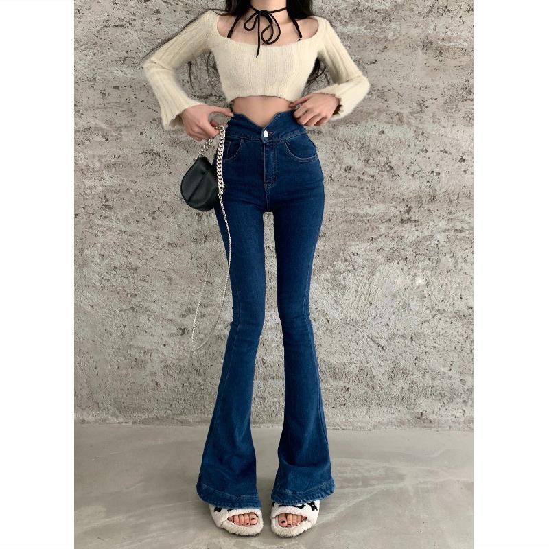 Jiashucheng Quần Jean Ống Loe Lưng Cao Dáng Ôm Màu Xanh Dương Phong Cách Phương Tây Thời Trang Mùa Hè Cho Nữ