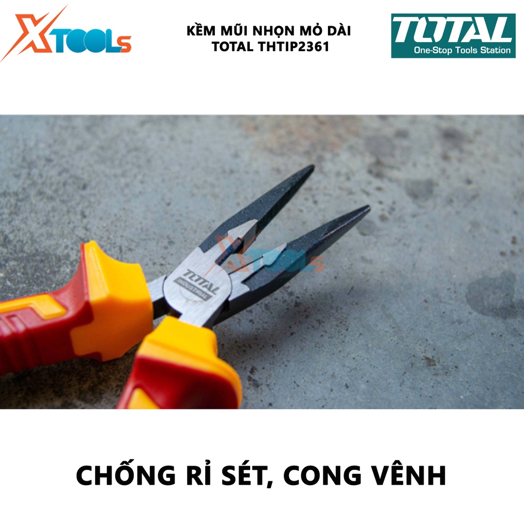 Kìm mũi nhọn mỏ dài cách điện TOTAL THTIP2361 | Kềm cách điện Kích thước 6&quot;/ 160mm, Đầu kềm được mạ đen và đánh bóng, Ta