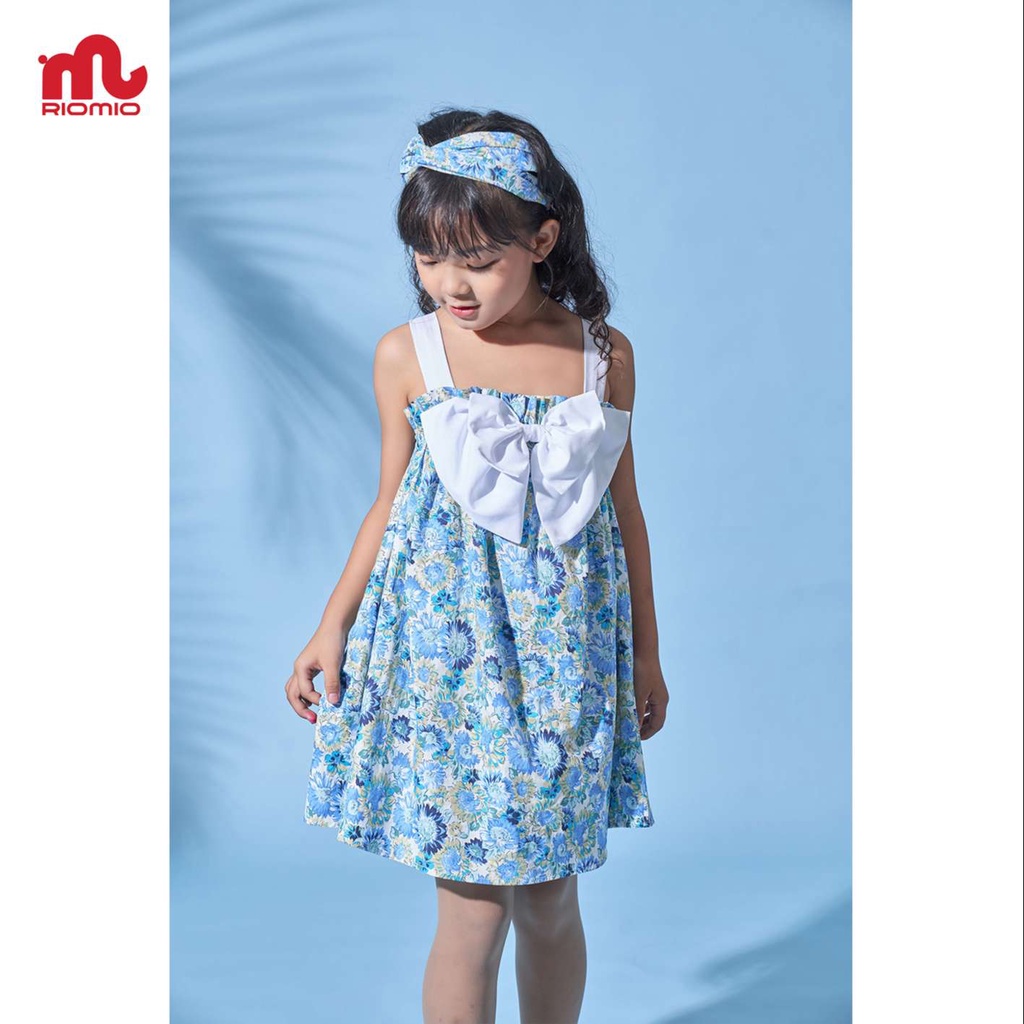 Váy bé gái 3-11 tuổi (15-40kg) RIOMIO 2 dây nơ ngực họa tiết hoa 2 màu xanh và hồng chất cotton siêu xinh cho bé - RV181
