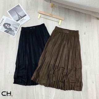 chân váy da lộn dập ly dáng dài