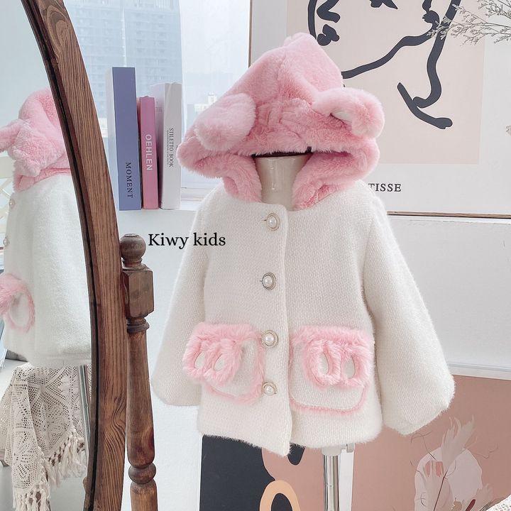 Áo khoác bé gái Kiwy Kids chất liệu len lông mềm mại có mũ tai thỏ đáng yêu Kids58-2137 cho bé từ 1 đến 11 tuổi