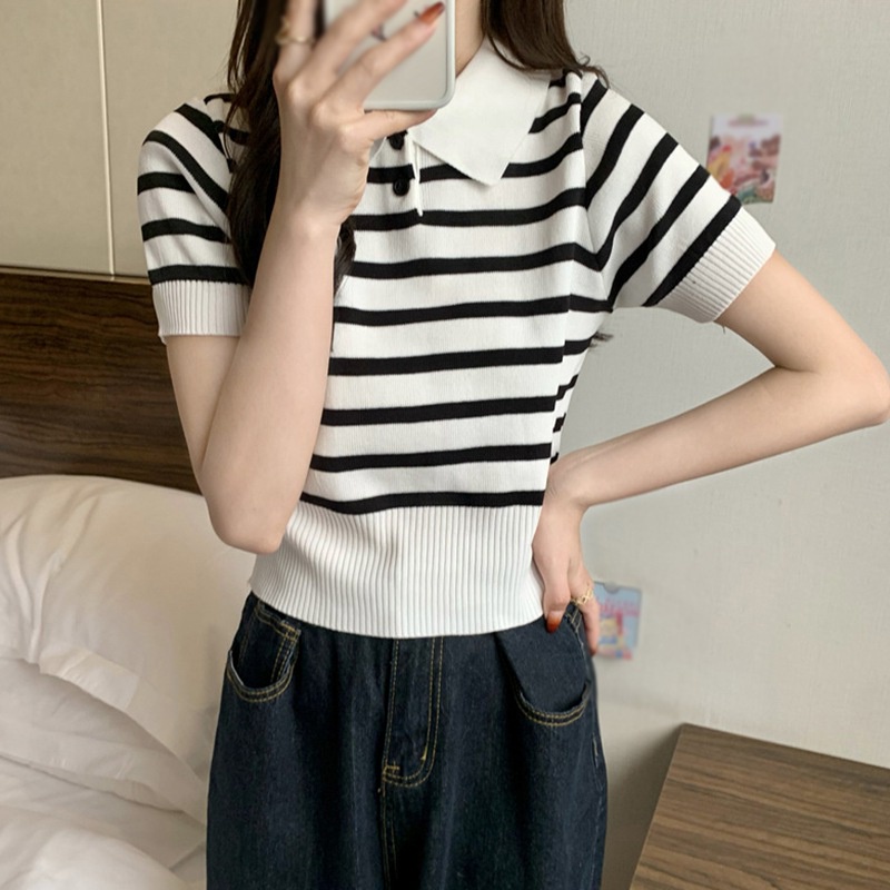 Áo Croptop Dệt Kim Ngắn Tay Họa Tiết Kẻ Sọc Màu Tương Phản Phong Cách Retro Hàn Quốc Cho Nữ
