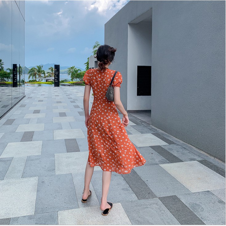 Váy nữ đẹp🎀FREESHIP🎀Váy nữ họa tiết hoa nhí cổ vuông dáng dài xẻ tà màu vàng xinh xắn