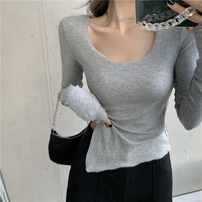SUA001 Áo thun body Ulzzang xẻ vạt chéo cổ thuyền Áo phông trơn xám đen trắng dài tay dáng ôm lệch tà nữ tính Hàn Quốc