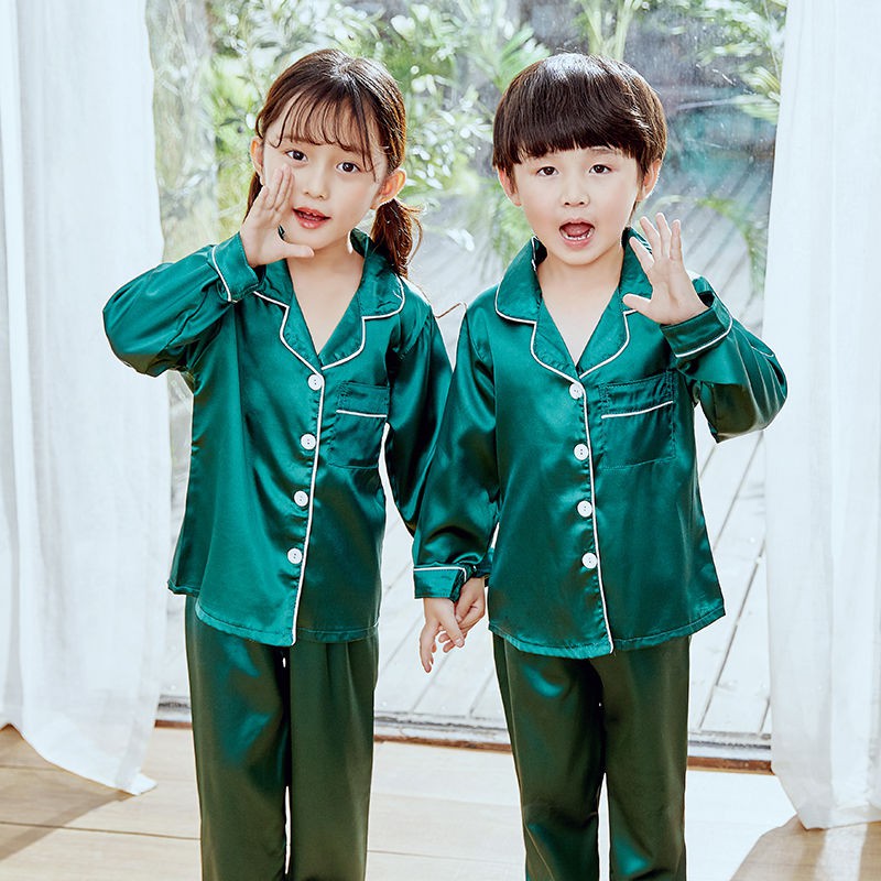 quần thun bé trai▥✗Bộ đồ ngủ trẻ em mùa xuân và hè dài tay lụa giả Pijama cho bé trai gái phong cách mỏng thu m