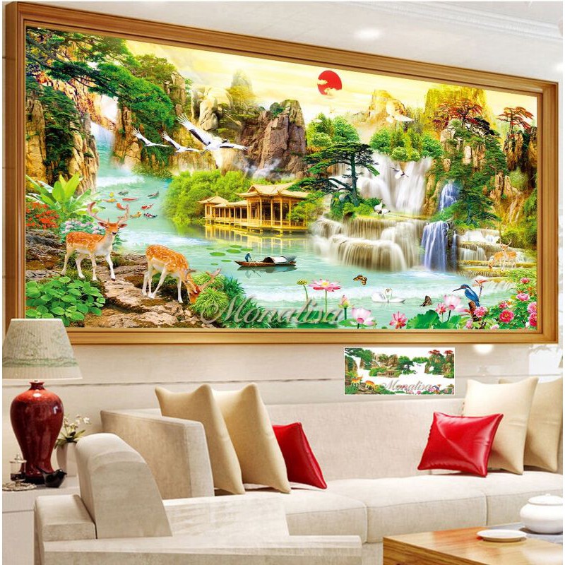 Tranh đính đá phong cảnh Lưu Thủy Sinh Tài KT:120X60cm-160x75cm-2mx95cm