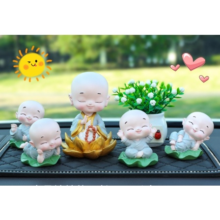 Set tiểu hoà thượng ngồi lá sen phối bình bóng trang trí taplo Ô Tô- Dũng An shop