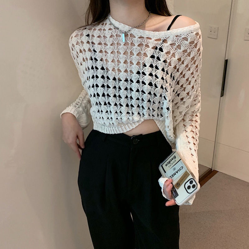 Áo thun trắng IELGY tay dài khoét lỗ phong cách Hàn Quốc dành cho nữ