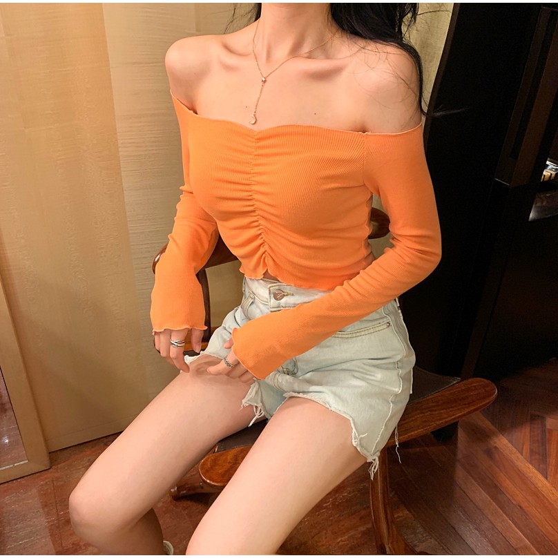 Áo croptop tay dài hở bụng sexy gợi cảm hạ vai hở vai bẹt ôm body tôn dáng ulzzang ( 4 màu )