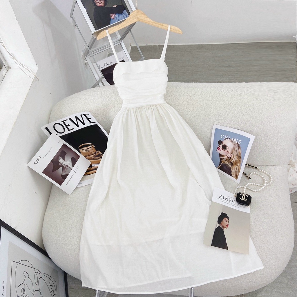 VÁY MIDI 2 DÂY TRẮNG XẾP LY NGỰC  B.O.O.M