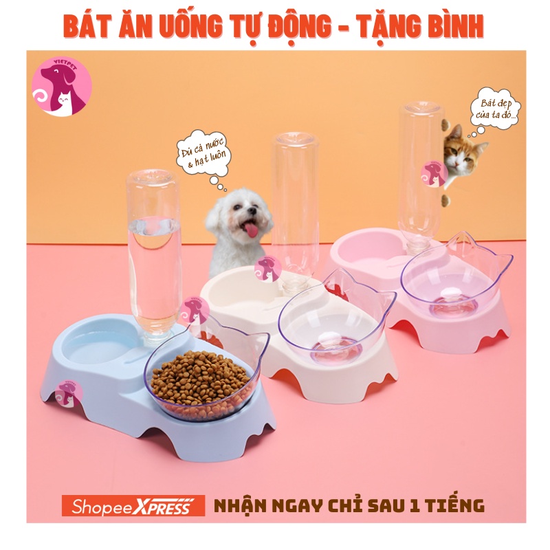 Khay bát ăn uống tự động VIETPET (Tặng bình to) - Chất lượng cao - Đẹp &amp; Bền - Bát nghiêng 15 độ giúp thú cưng ăn dễ hơn