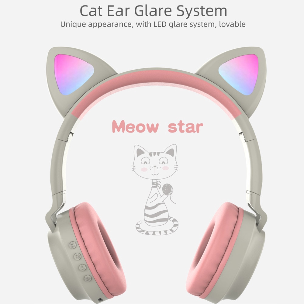Tai nghe bluetooth không dây thiết kế tai mèo phát sáng kèm micrô hỗ trợ rảnh ray