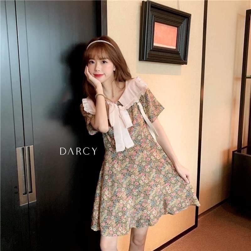 váy hoa nhí cổ bèo phối tơ óng hàng đẹp
