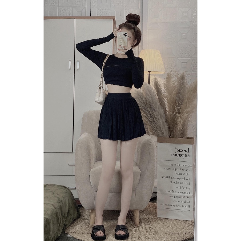 Set áo crt dài tay kèm chân váy xếp li