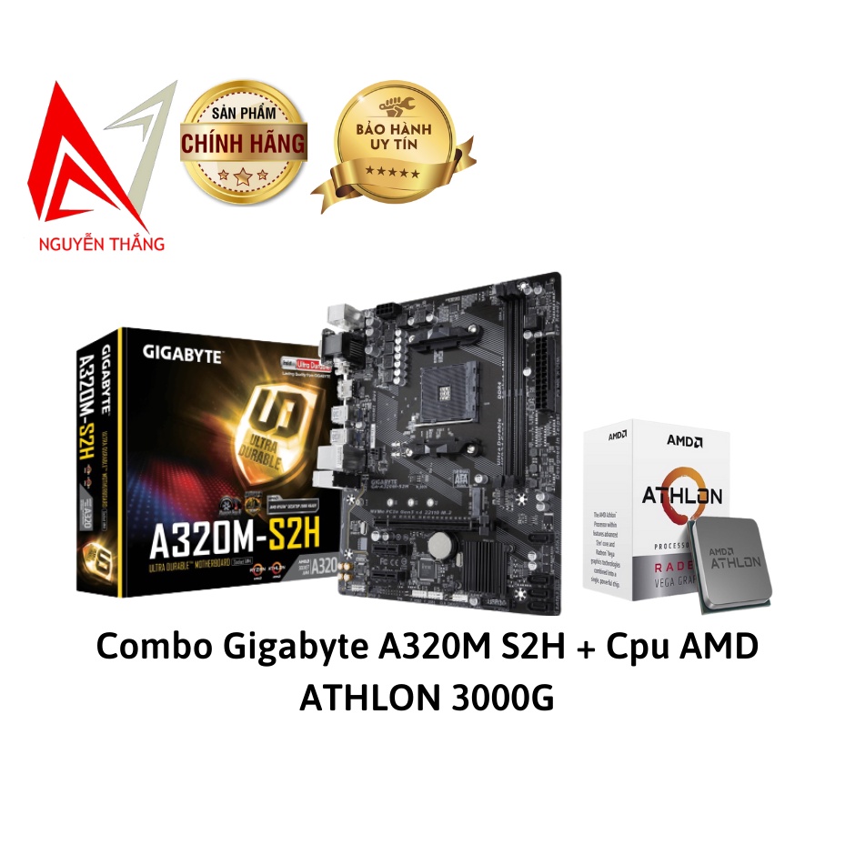 Combo Mainboard Gigabyte A320M S2H + Cpu AMD ATHLON 3000G chính hãng