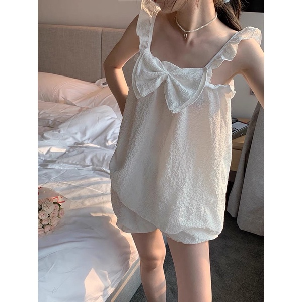 Bộ Ngủ Hai Dây T97 Bộ Mặc Nhà Hai Dây Chất Vải Đũi Xốp Nơ Phối Ren Siêu Xinh