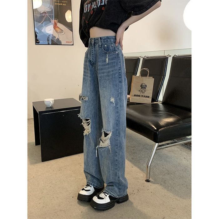 Jiashucheng Quần Jean Rách Lưng Cao Ống Rộng Dáng Suông Phong Cách Retro Mùa Hè Mới Cho Nữ